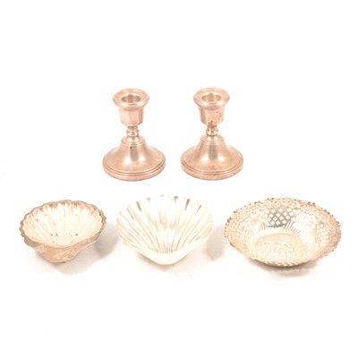 Lot 286 - Silver; pair of candlesticks, bonbon dish and two shell butter dishes