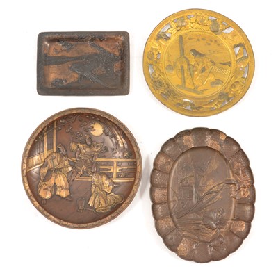 Lot 102 - Japanese mixed metal crumb tray and brush, other metal plaques, etc.