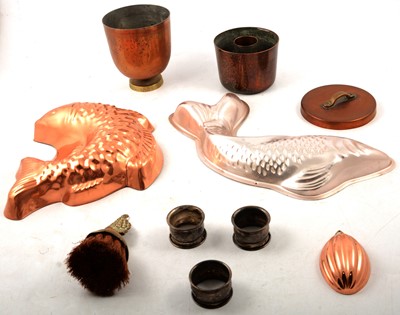 Lot 104 - A collection of glass and copper jelly moulds, three silver napkin rings, glassware.