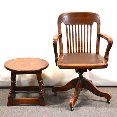 Lot 369 - A small oak coffee table, pair of bedroom chairs and a swivel office chair.