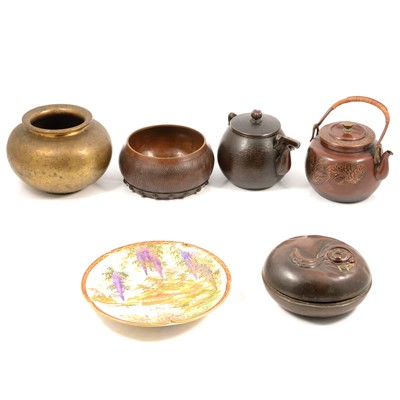 Lot 117 - Japanese bronzed metal box, two bowls, two small kettles and a Satsuma plate