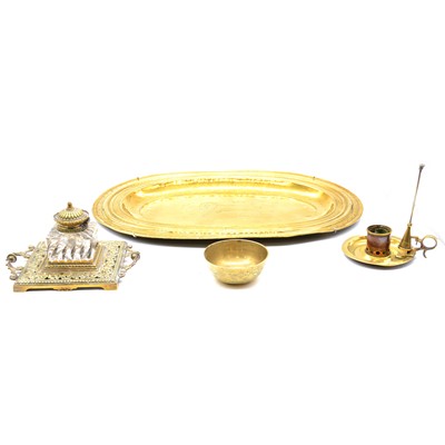 Lot 115 - Victorian brass inkstand, candlesticks and metalware