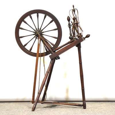 Lot 365 - Mahogany demi lune card table and a spinning wheel