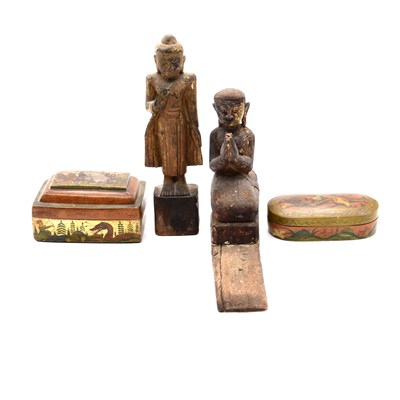 Lot 83 - Two Asian painted wood figures, and two painted wood boxes