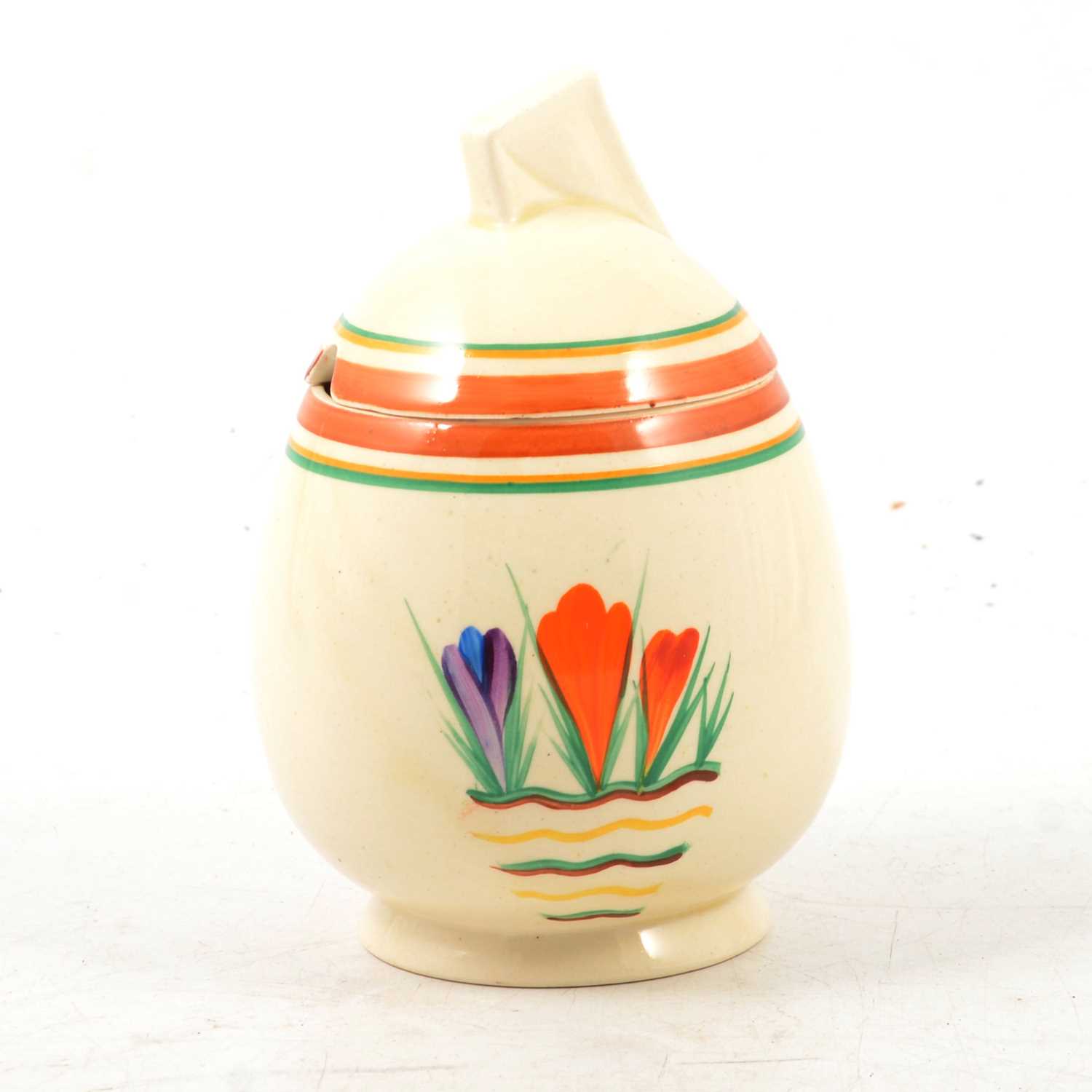 Lot 1 - Clarice Cliff, 'Crocus' a Daffodil shape preserve pot and cover