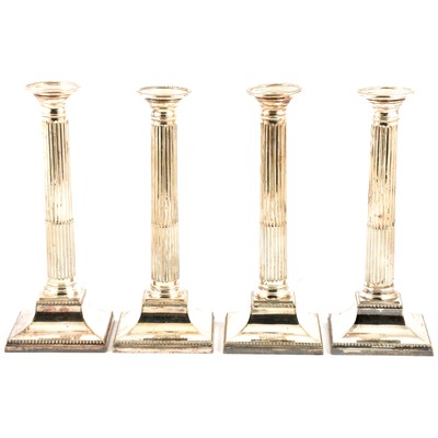 Lot 101 - Set of four silver-plated candlesticks, and a spirit kettle