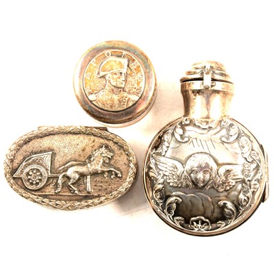 Lot 238 - Silver salts flask, Continental snuff box and a pill box