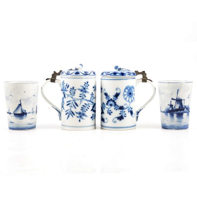Lot 48 - Pair of Meissen lidded tankards and a pair of Delft beakers