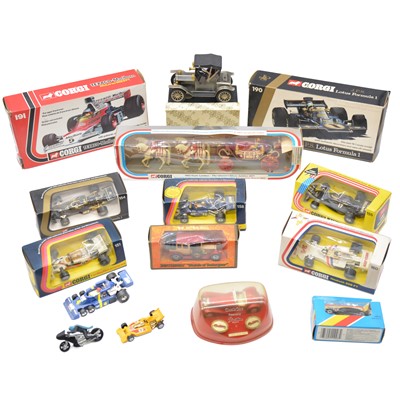 Lot 212 - One box of die-cast models, including seven Corgi racing car models