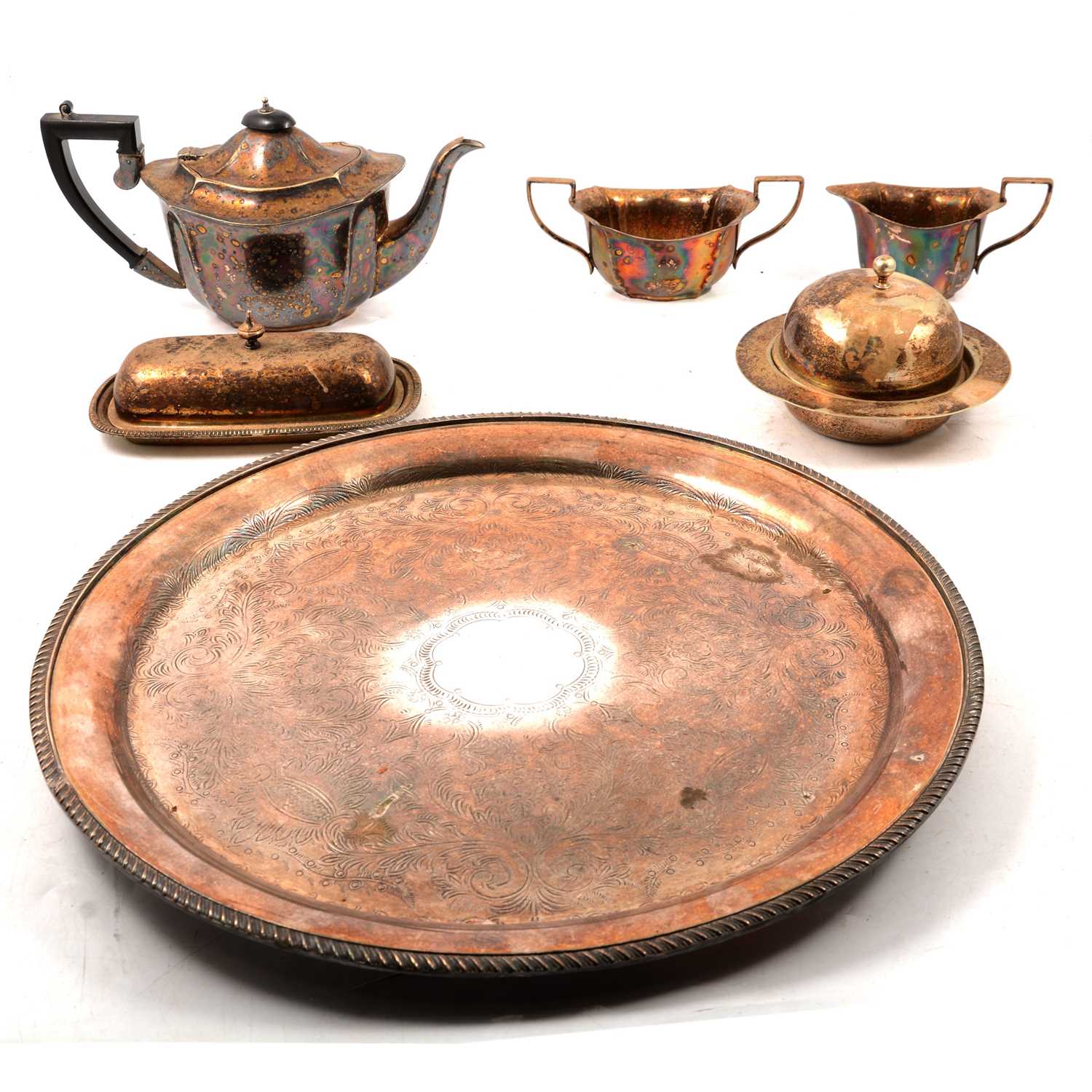 Lot 171 - Three-piece EPNS tea set, tray, and muffineers