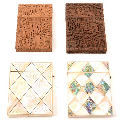 Lot 249 - Two Cantonese carved wood card cases, and two mother-of-pearl card cases