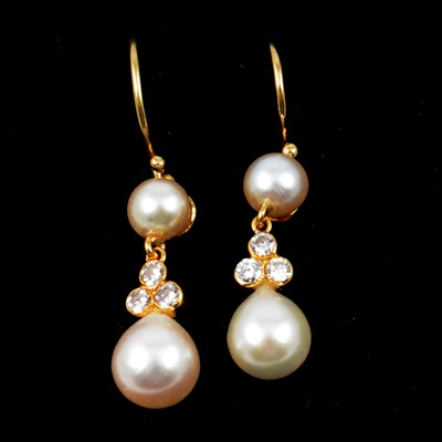 Lot 152 - A pair of diamond and cultured pearl drop earrings