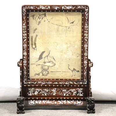 Lot 75 - Chinese rosewood and mother-of-pearl inlaid table screen with silk panel