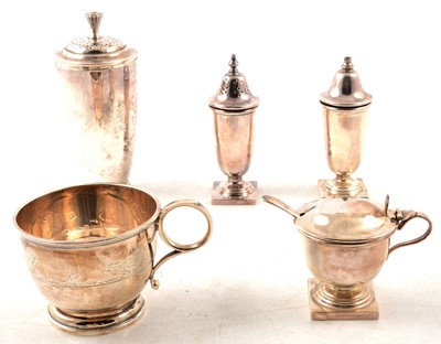 Lot 285 - SIlver Art Deco style sugar sifter, a nursery cup, and other silver cruets