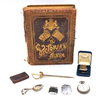 Lot 426 - A silver vesta case, stamp case, Albert watch chain, pocket watch, musical photograph album