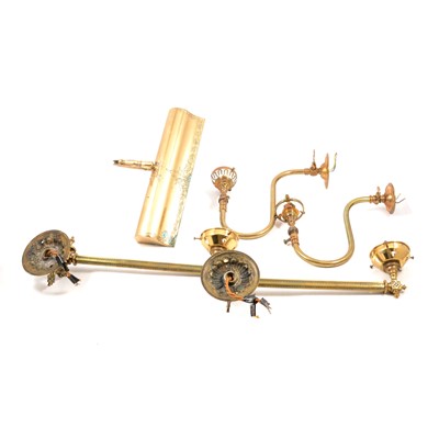 Lot 99 - Three pairs of Edwardian brass wall lights, a suspension light, and brass bell