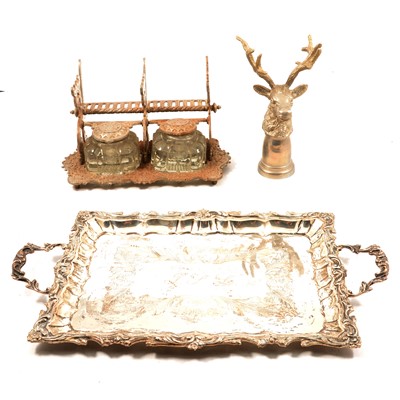 Lot 144 - Cast and engraved desk stand, one rectangular plated tray, a circular tray, and a stirrup cup.