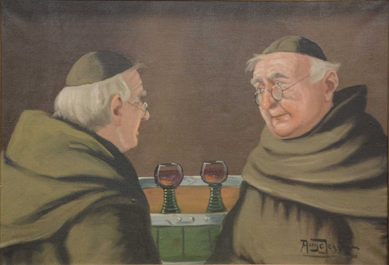Lot 492 - Auge Jessum(?), Two monks