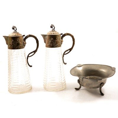 Lot 146 - Pair of early 20th century claret jugs, Victorian epergne centre bowl and a pewter bowl