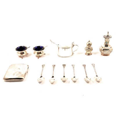 Lot 309 - Various silver cruets, set of six silver teaspoons, and a cigarette case