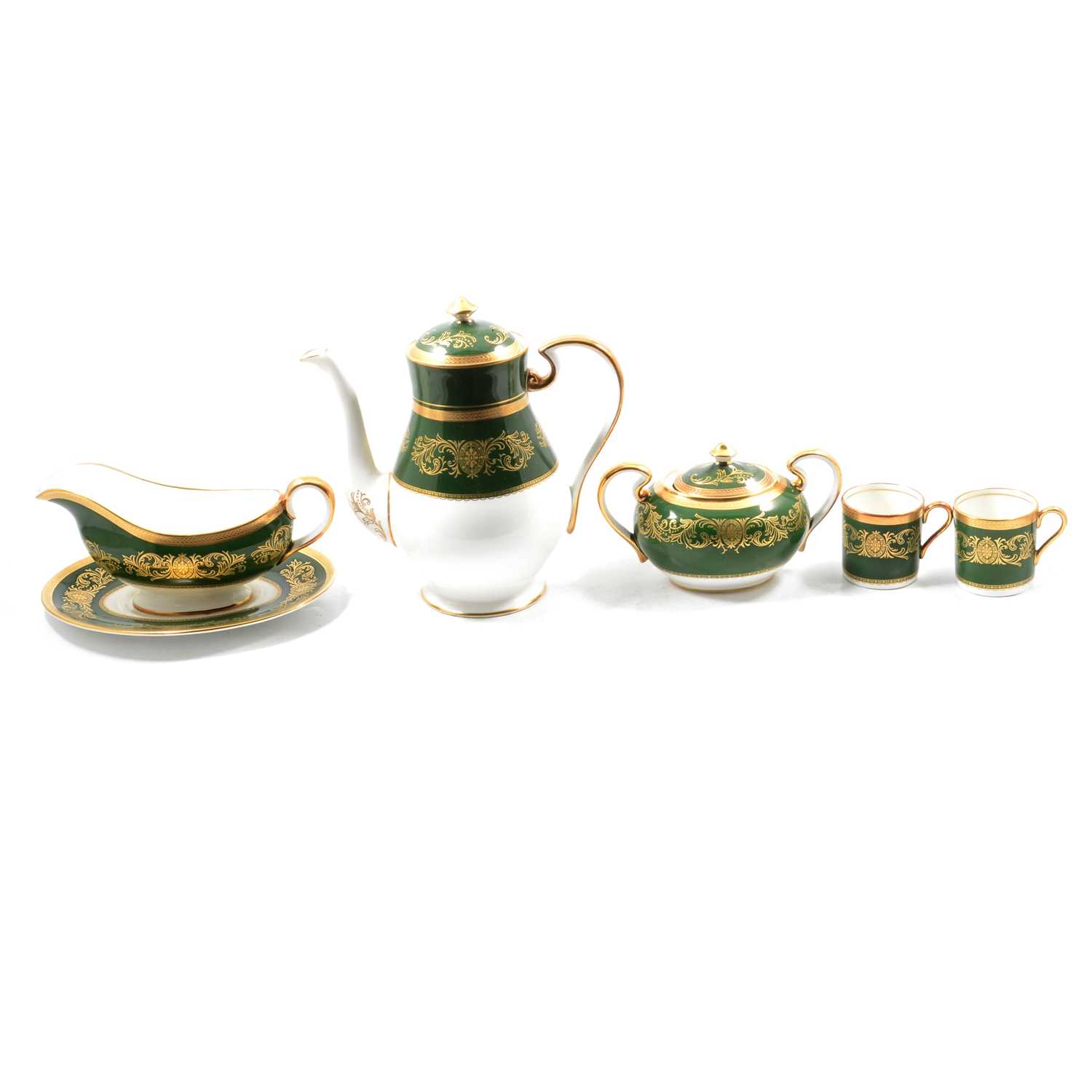 Lot 93 - Comprehensive Aynsley dinner service, Imperial pattern, gilt on green colourway
