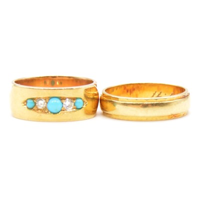 Lot 104 - An 18 carat gold wedding ring  and a turquoise and diamond dress ring.