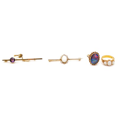 Lot 133 - Amethyst and opal bar brooches, two opal rings.