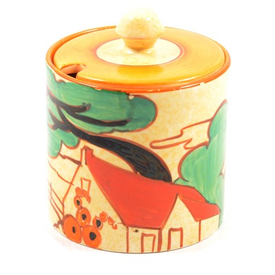 Lot 539 - Clarice Cliff, a 'Red Roofs' pattern preserve pot and cover
