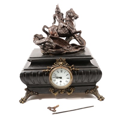 Lot 113 - Black slate mantel clock , George & Dragon pediment.