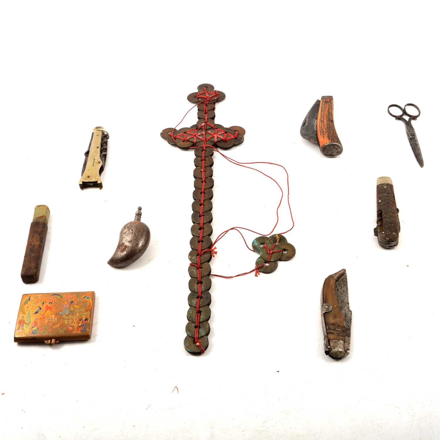 Lot 81 - Small quantity of folding knives, Chinese coin sword, etc.