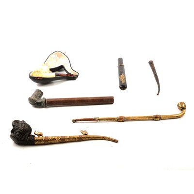 Lot 77 - Carved meerschaum pipe, Chinese and other Asian pipes and ephemera.