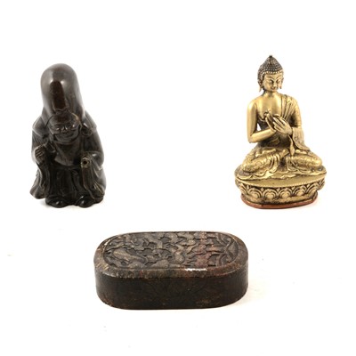 Lot 71 - Chinese carved hardstone weight, and two figures