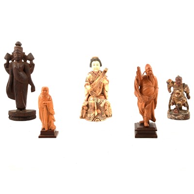 Lot 72 - Three Chinese carved wood figures, Japanese bone Geisha and an Asian carving
