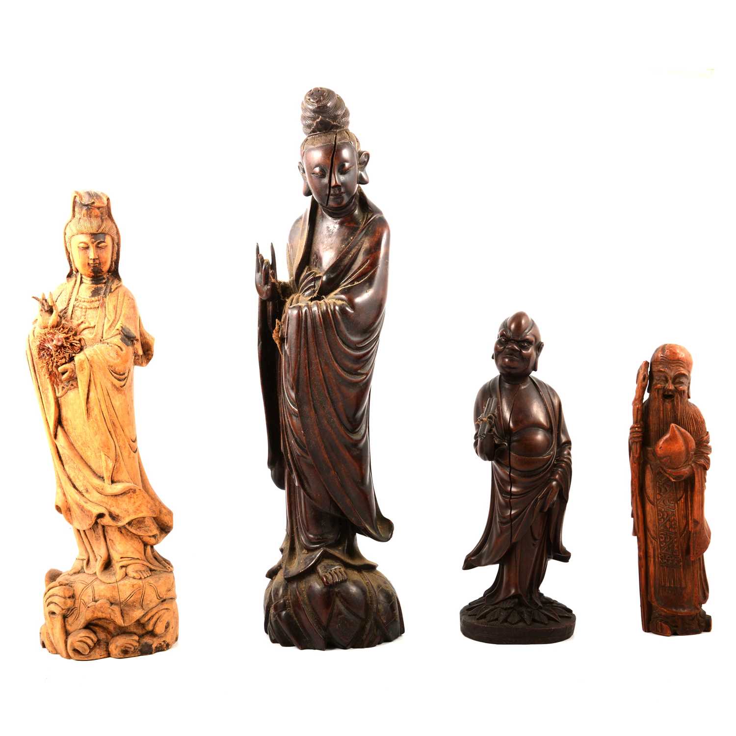Lot 80 - Chinese carved wood figure, Guanyin, another and two other carvings
