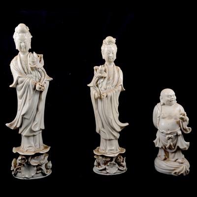 Lot 67 - Chinese white glazed figure, Guanyin with lotus, etc.