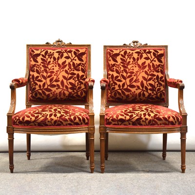 Lot 404 - Pair of French walnut elbow chairs