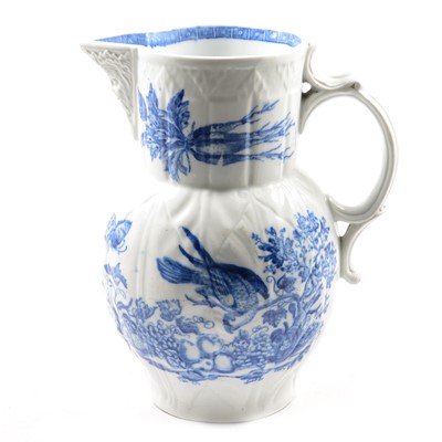 Lot 4 - Caughley blue and white cabbage-leaf mask jug, Parrot Pecking Fruit pattern