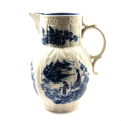 Lot 2 - Caughley blue and white cabbage-leaf mask jug, Fisherman pattern