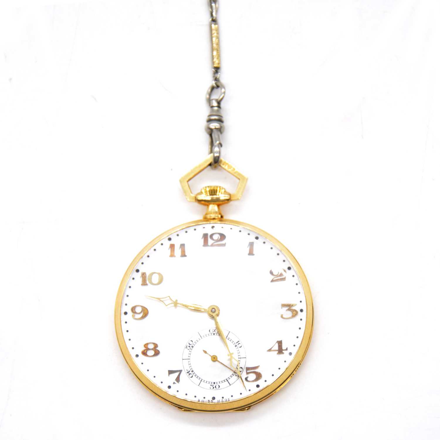 Lot 281 - An 18 carat yellow gold open face pocket watch and yellow and white metal Albert watch chain.