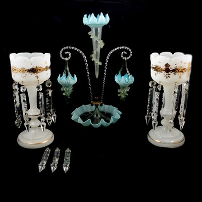 Lot 30 - A vaseline glass twin arm epergne and a pair of lustres.