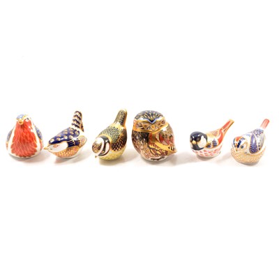 Lot 1 - Six Royal Crown Derby bird paperweights with gold stoppers.