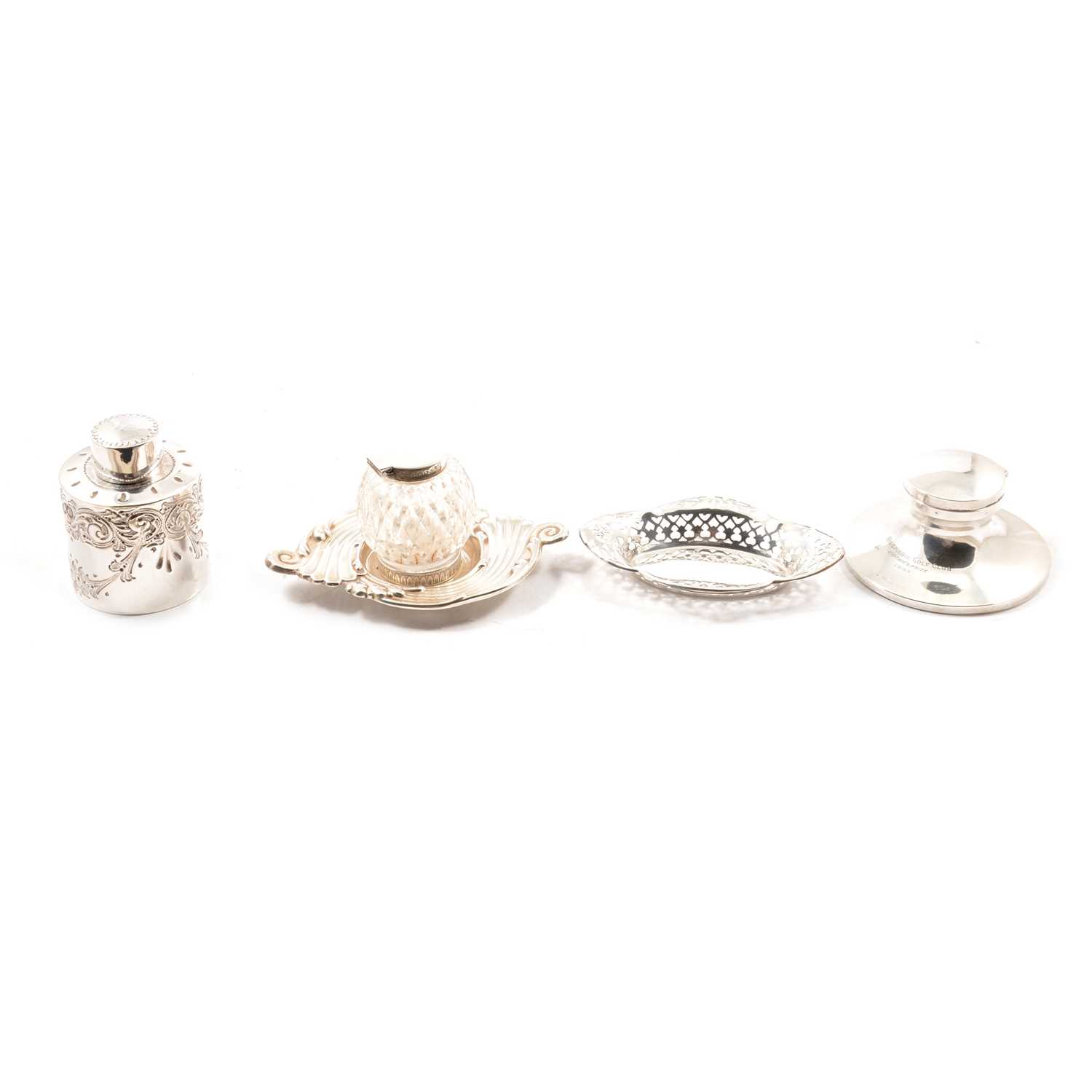 Lot 314 - Two silver inkwells, small silver caddy and a pierced silver dish.
