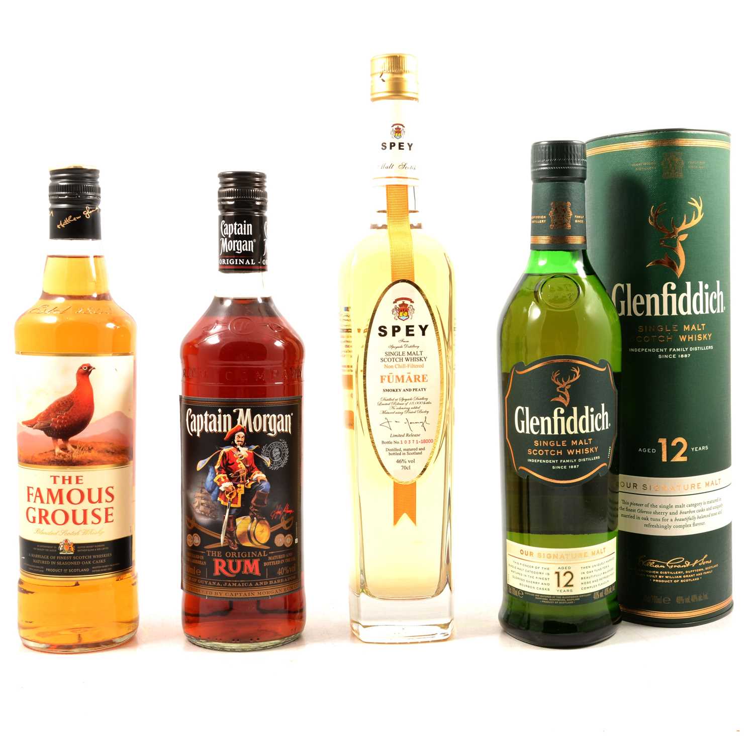 Lot 250 - Three bottles of assorted whisky and a bottle of rum