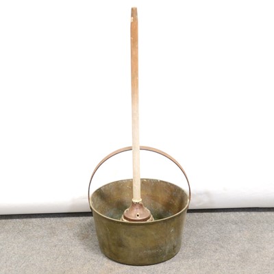 Lot 431 - Brass jam pan with hoop handle, and a copper washing dolly