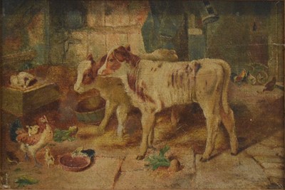 Lot 285 - Follower of Edgar Hunt, Calves and chickens in a barn