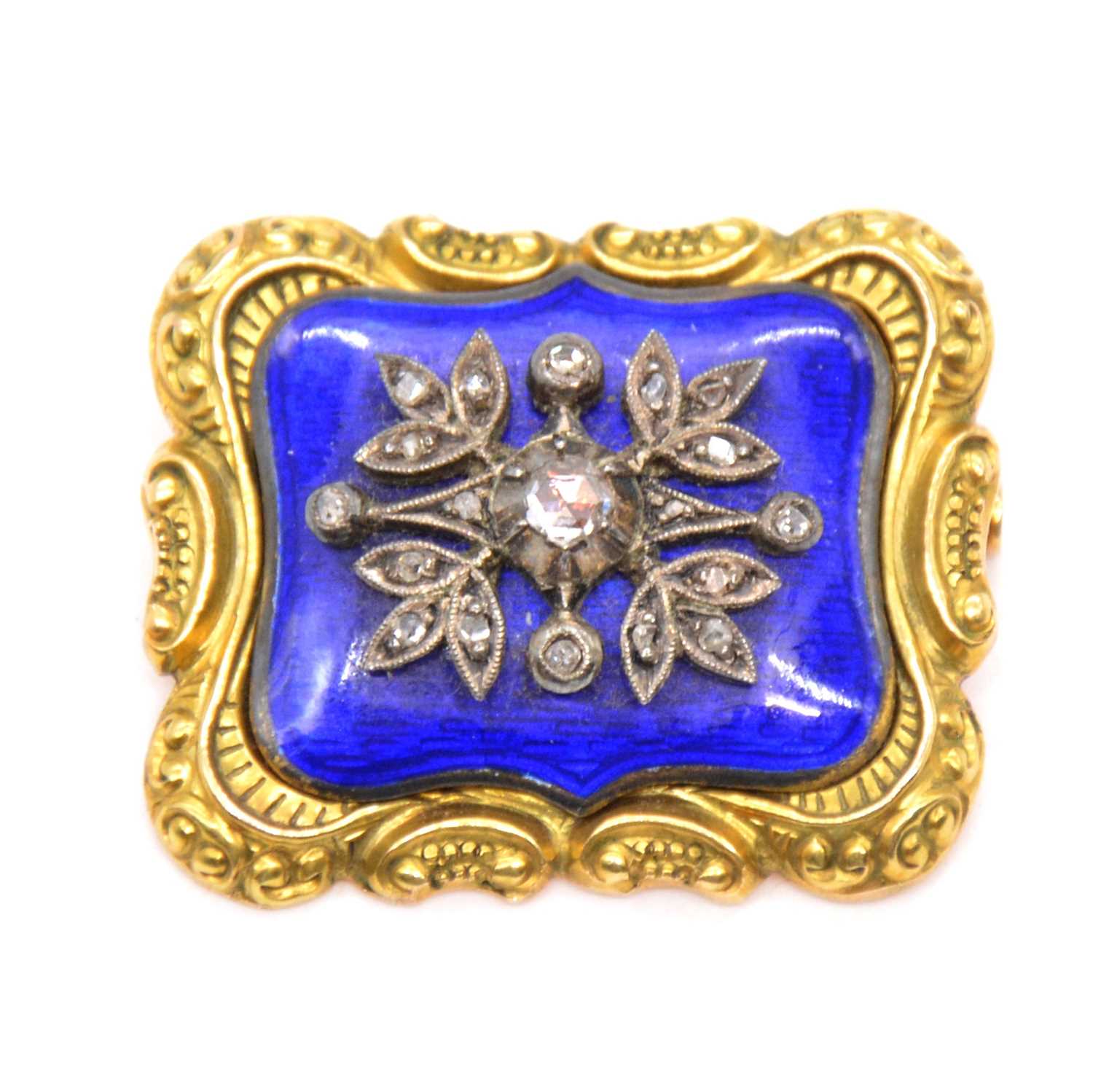 Lot 221 - A blue enamel and rose cut diamond brooch.