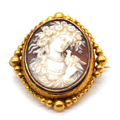 Lot 255 - An oval carved shell cameo brooch in yellow metal mount.