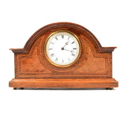 Lot 115 - Edwardian oak, walnut, and inlaid mantel clock