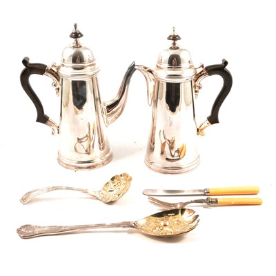 Lot 161 - Silver plated coffee pot and hot water jug, by Mappin & Webb; and various loose plated cutlery.