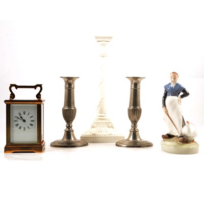 Lot 92 - Copenhagen Goose Girl, Worcester candlestick, a carriage clock and candlesticks